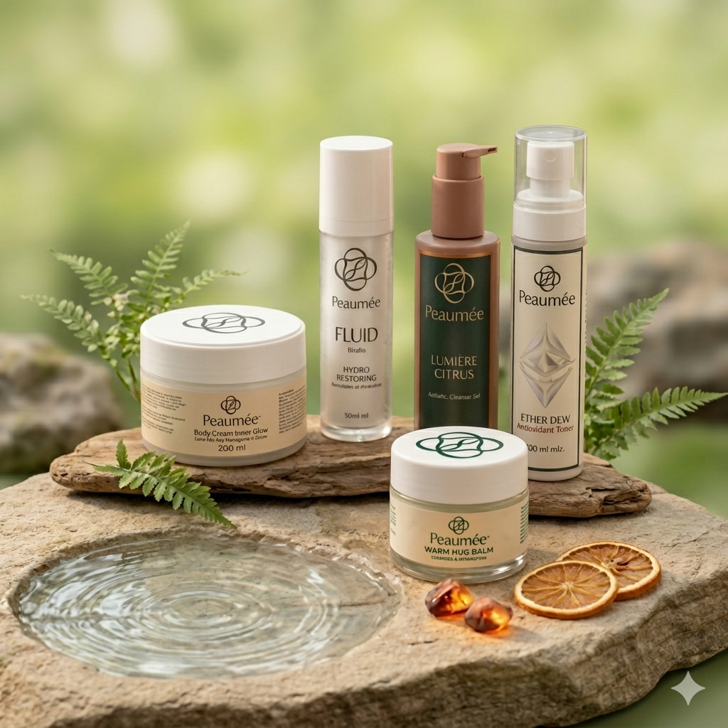 Peaumée skincare products on natural stone